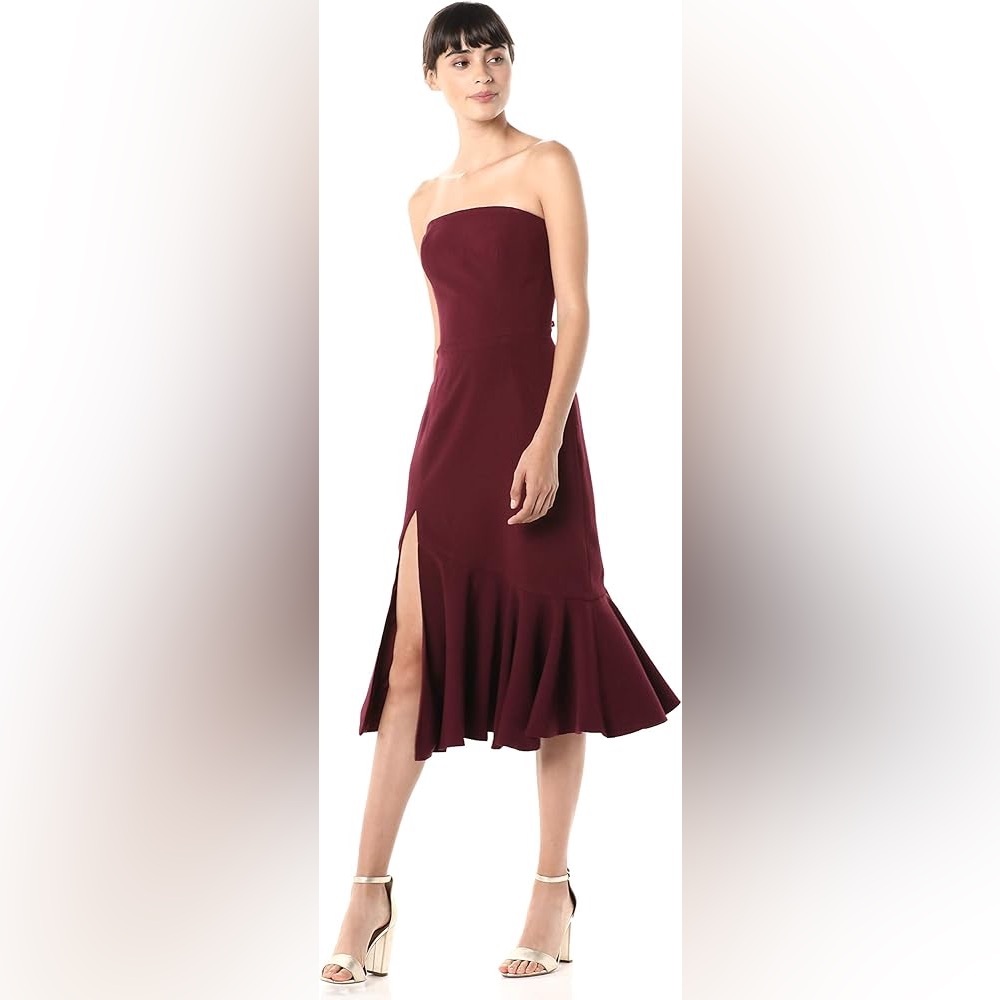 Dress The Population Madison Burgundy Strapless Dress Midi Dress With Slit